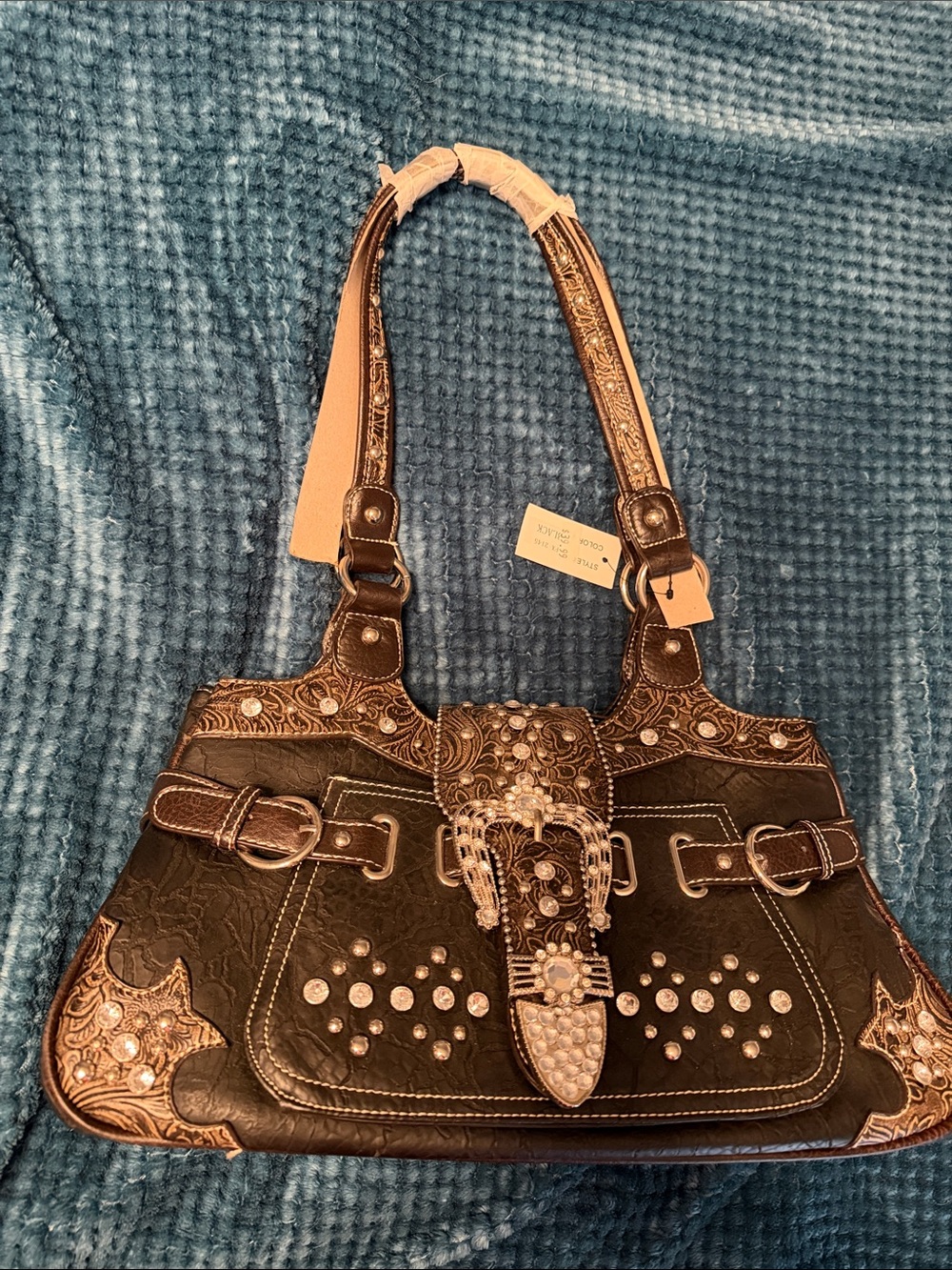 NWT Ornate Embellished Black Shoulder Bag with Buckle Accent